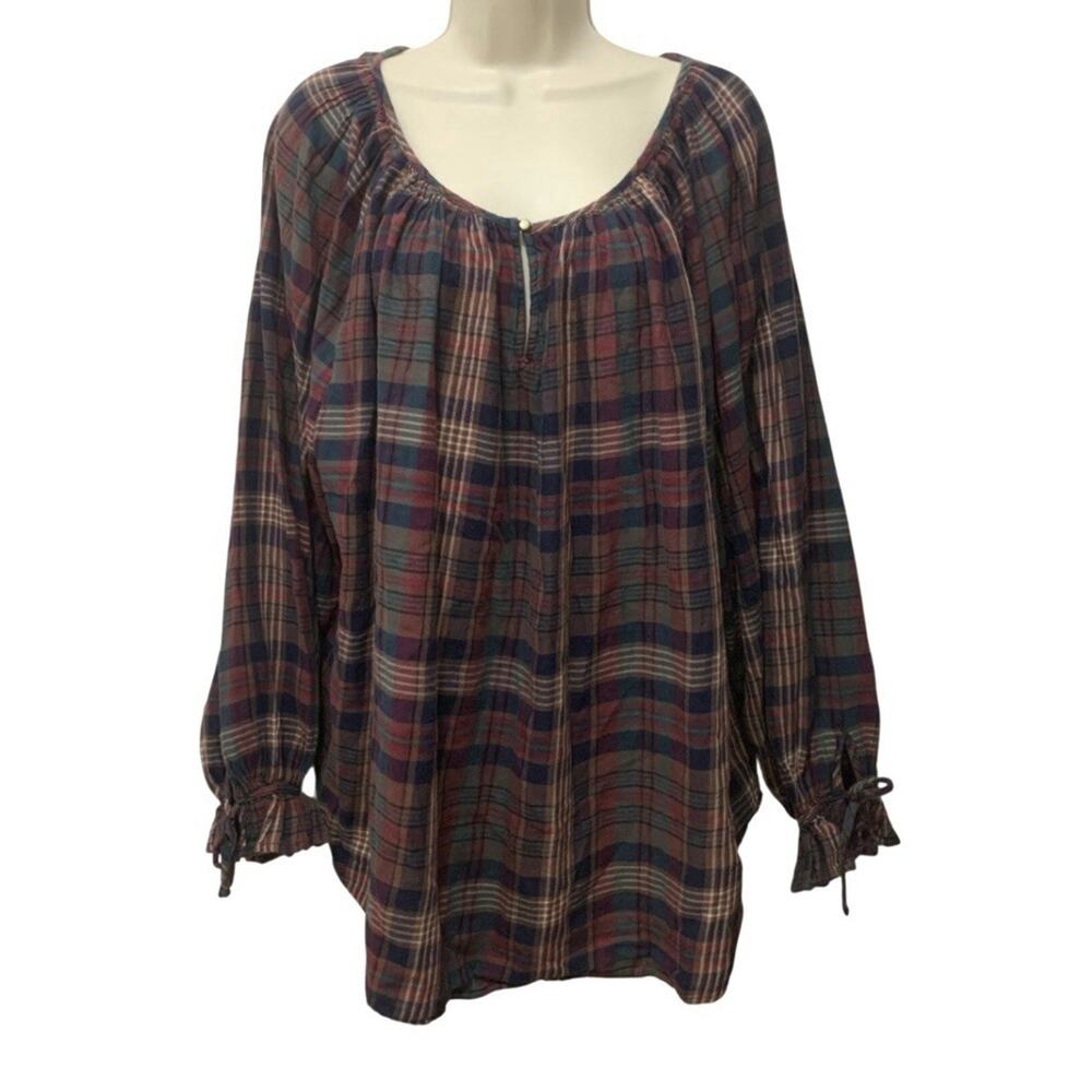 Chaps Plaid Flannel Blouse Womens 3X Cotton Peasant Top Cabin Cottage Cozy